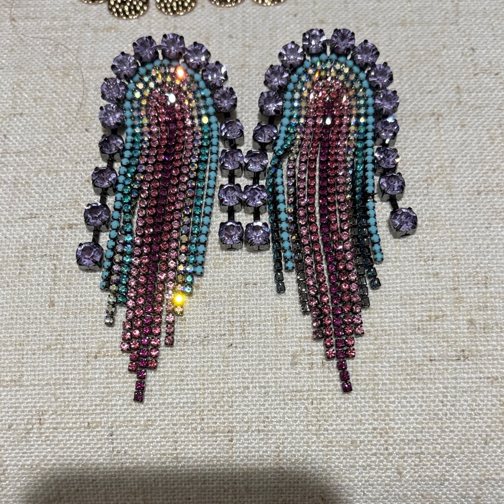 Crystal Fringe Drop Earrings - Purple & Pink